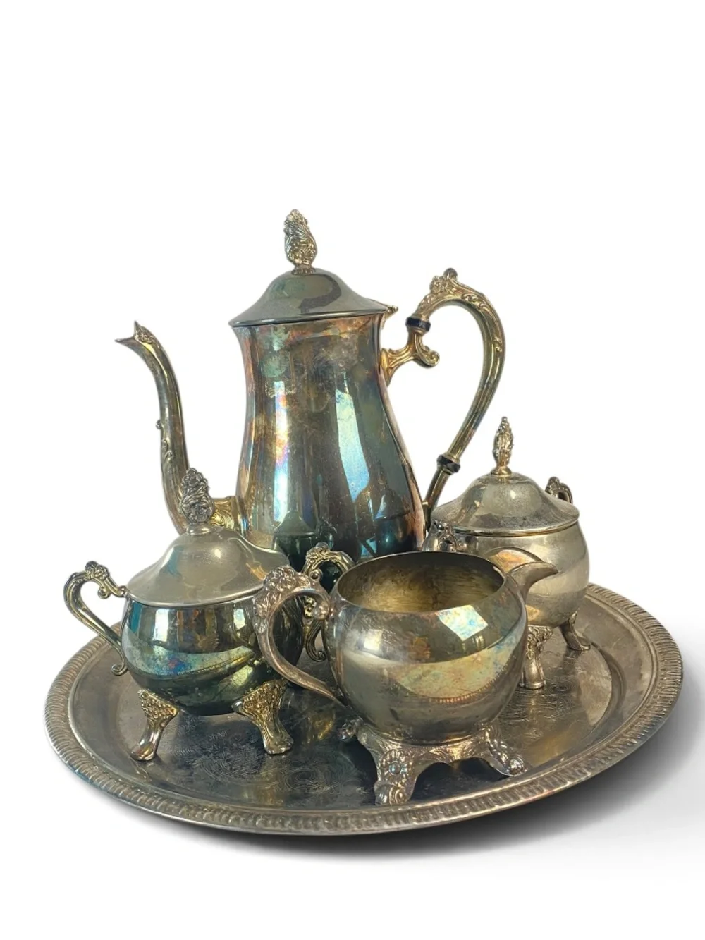 Vintage Silver Tone Tea Coffee Service Set 5 Pc Ornate Footed Tray Hong Kong